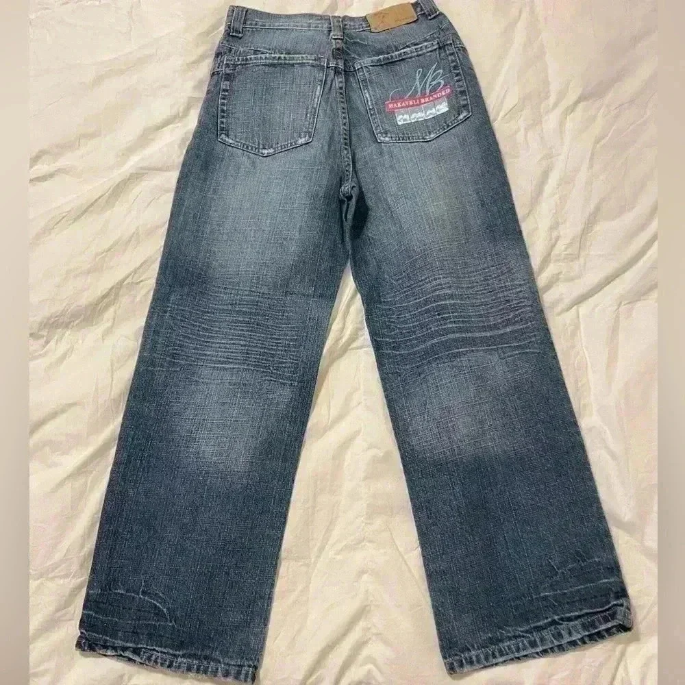 VTG MAKAVELI Brand Tupac Denim Jeans Rap Portrait Logo 90s 2Pac Size 14 wide leg - Picture 7 of 16